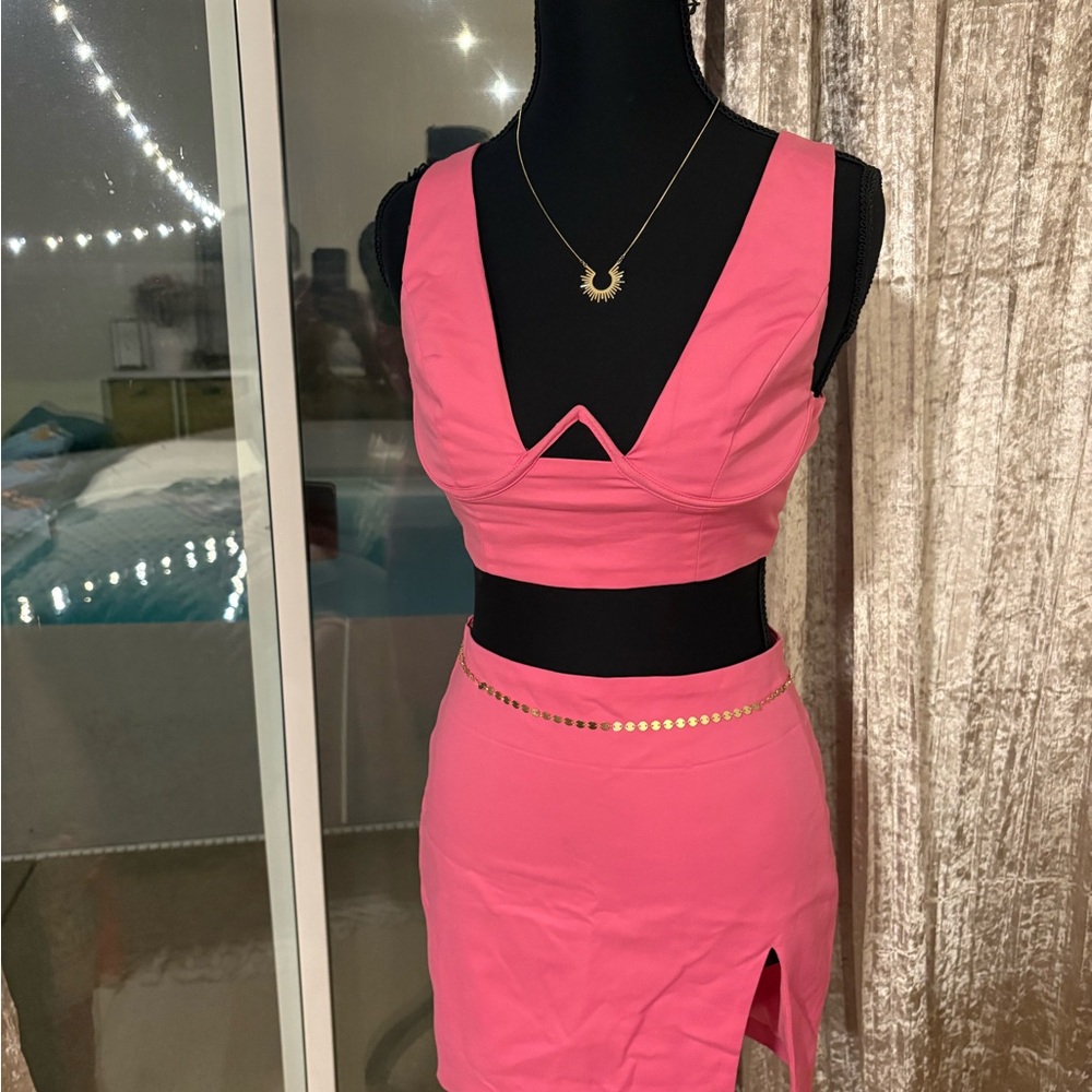 Pink Mini Skirt Set with Crop Top - Women's Two-Piece